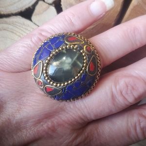 New Ocean Fume Agate, Lapis Lazuli, Coral Adjustable Brass Tone Ring.